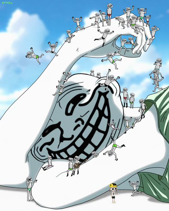 Cartoon scene showing numerous small grey figures climbing and swarming over a massive troll-faced hand, while a small child watches from below.