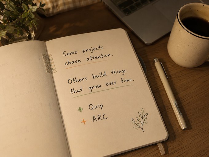 The image features an open notebook with writing on it, along with a pen and a cup of coffee placed nearby. The text written on the notebook reads "Some projects chase attention. Others build things that grow over time." This quote seems to be related to the Quip network or the ARCTERMINAL community. The post also mentions QuipEdu as an update from @quipnetwork and a feature announcement by @TheARCTERMINAL, which could be connected to the notebook's content.