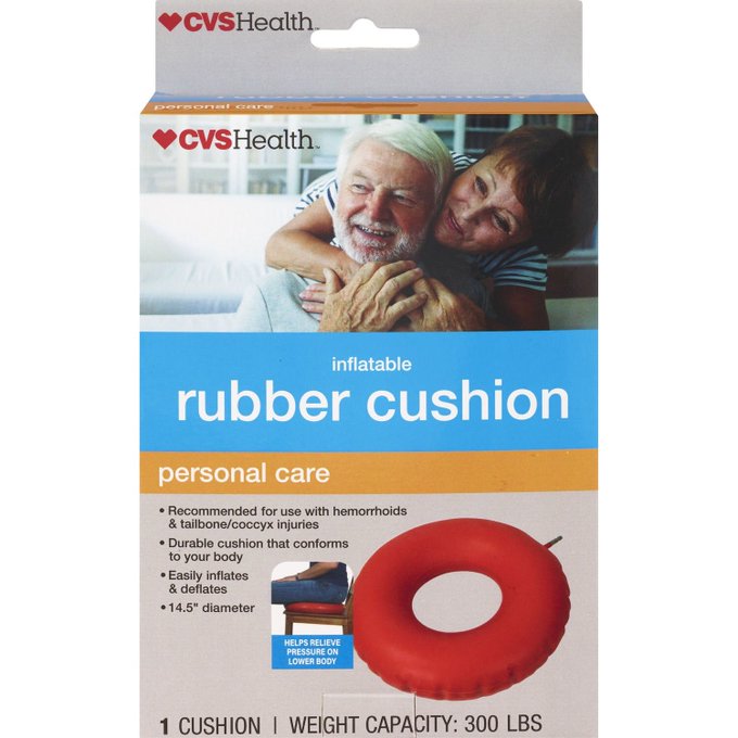 A CVS Health product box for an inflatable rubber cushion designed for personal care, recommended for hemorrhoids and tailbone injuries.