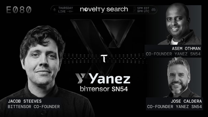 Promotional graphic for a "Novelty Search" livestream (Thursday, 5PM EDT/9PM UTC, Episode 080) featuring Jacob Steeves (Bittensor Co-Founder), Asem Othman, and Jose Caldera (both Co-Founders of Yanez SN54), highlighting how Bittensor SN54 Yanez uses miners to generate synthetic adversarial identity data for financial crime prevention and compliance stress-testing.