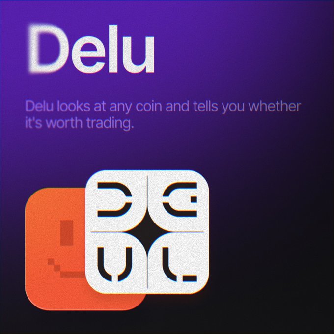 A promotional graphic for "Delu" by Deluquant, displayed on a purple background, featuring the tagline "Delu looks at any coin and tells you whether it's worth trading," alongside a stylized app icon with a stylized face design that incorporates the letters "DE LU." The image visually reinforces the Bankr Builder Spotlight post by showcasing Delu as a crypto analysis tool that provides trading recommendations based on a given ticker.