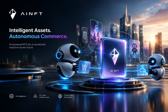 A promotional graphic for 'AINFT' displays 'Intelligent Assets. Autonomous Commerce.' with AI-powered robots, NFT cards, and a futuristic cityscape, mentioning 'AI Intelligence', 'On-chain Infrastructure', and 'Cross-chain Ecosystem'.