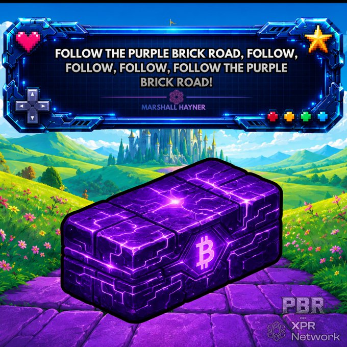 A glowing purple treasure chest featuring the XRP Network logo sits atop a purple brick road stretching toward a distant castle, with a video game-style dialogue box above displaying the message "FOLLOW THE PURPLE BRICK ROAD, FOLLOW, FOLLOW, FOLLOW, FOLLOW THE PURPLE BRICK ROAD! — MARSHALL HAYNER," tying into the post's mystical Genesis Brick metaphor as a foundational symbol for the XRP Network community.
