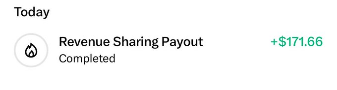 A transaction notification showing a completed "Revenue Sharing Payout" of +$171.66 received today, illustrating the post's message about receiving easy money from X (Twitter) revenue sharing payouts.
