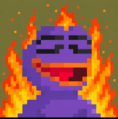 A pixel art image of a purple character engulfed in pixelated orange and yellow flames against a dark green background.