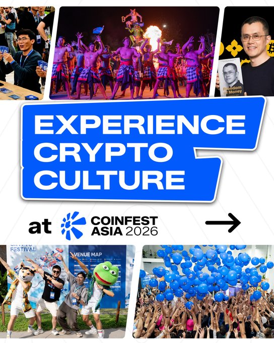 A promotional collage featuring multiple photos of people at events and the bold text "EXPERIENCE CRYPTO CULTURE at COINFEST ASIA 2026" alongside an arrow pointing right.