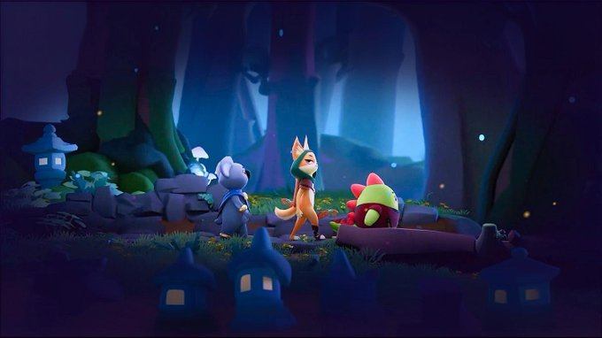A fox character in a green hooded cloak stands in a mystical, moonlit forest clearing alongside a small creature wearing a backpack and a plant-like companion. The whimsical, dreamy game scene reflects the post's mention of Sleepagotchi, a lifestyle-tracking app/game that combines sleep and daily habit monitoring with charming virtual pet elements.