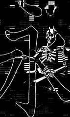 A heavily distorted, glitchy black and white image showing abstract wavy lines and shapes that obscure any clear subject matter.