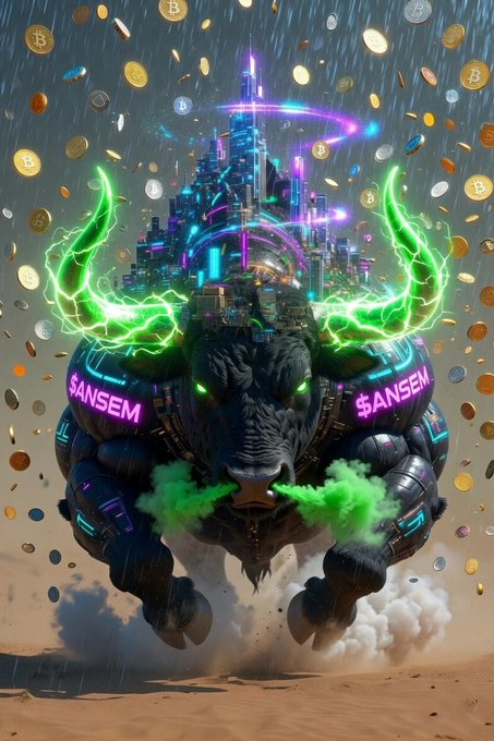 A vibrant digital artwork of a mechanical bull with glowing green neon horns, surrounded by falling cryptocurrency coins including Bitcoin and Ethereum, with "$ANSEM" displayed on its armored sides.