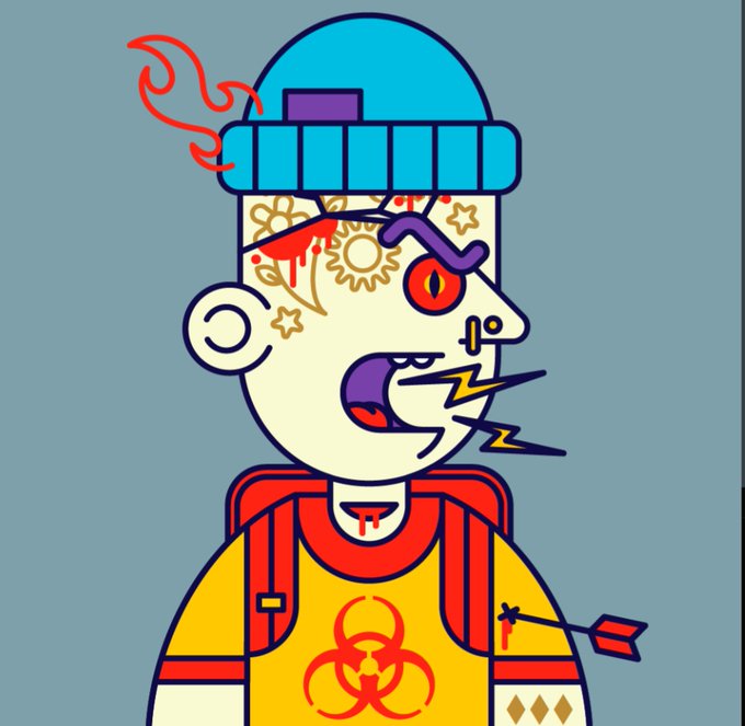 The image features a cartoon-style drawing of a person wearing a backpack and a hat. The person has a face painted on them with a mouth open wide, giving off an angry or aggressive vibe. They are also holding a bow and arrow, which adds to their menacing appearance. The background is a solid blue color that contrasts with the colorful figure in the foreground.