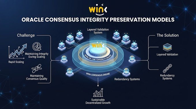 An infographic titled 'ORACLE CONSENSUS INTEGRITY PRESERVATION MODELS' by WINk illustrating challenges like rapid scaling and maintaining consensus quality alongside solutions such as layered validation and redundancy systems.
