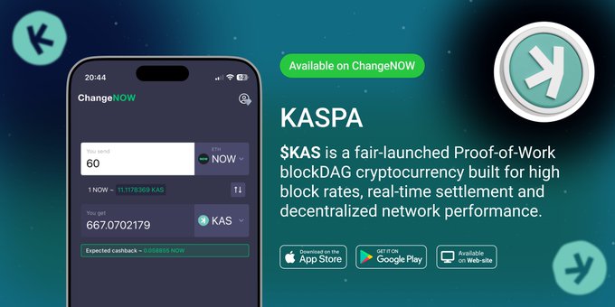 A promotional graphic announcing that $KAS (Kaspa) is available on ChangeNOW, featuring a smartphone screenshot of the ChangeNOW app showing a swap of 60 NOW to 667.070179 KAS at an ETH to KAS rate of 11,178.369, alongside App Store, Google Play, and web download options. The design highlights Kaspa as a Proof-of-Work blockDAG cryptocurrency, visually supporting the post's call to swap $KAS on the platform.