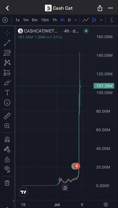 A TradingView chart titled "Cash Cat" displays the CASHCAT/WETH pair on a 4-hour timeframe, showing a dramatic price spike to approximately 107.35M with a 1.31% gain. The chart visualizes a sudden vertical surge in price, illustrating the volatile, speculative nature of meme tokens that the post warns about—encouraging holders to stick to their sell plans and not let short-term hype override long-term strategy.