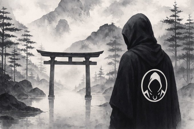 A digital illustration showing a hooded figure in a black cloak with a white emblem on the back, overlooking a misty landscape with a Japanese torii gate in the water.