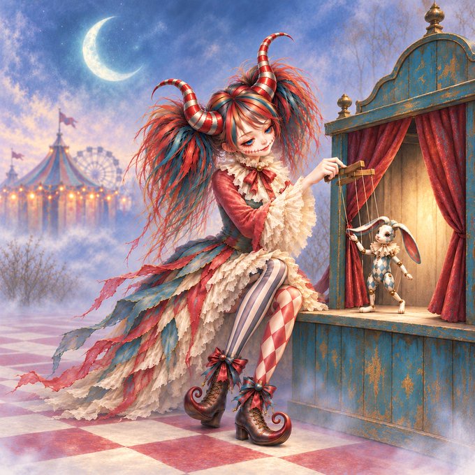 A detailed fantasy illustration of a jester-like doll girl seated beside a puppet theater, holding strings attached to a small puppet, with a crescent moon, carousel, and misty fairground in the background.