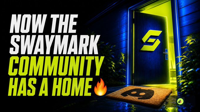A promotional graphic announcing 'NOW THE SWAYMARK COMMUNITY HAS A HOME' in large white and bright green text. The background shows a dark doorway illuminated by neon green light with a stylized 'S' logo on the door and a doormat featuring a letter 'B'.