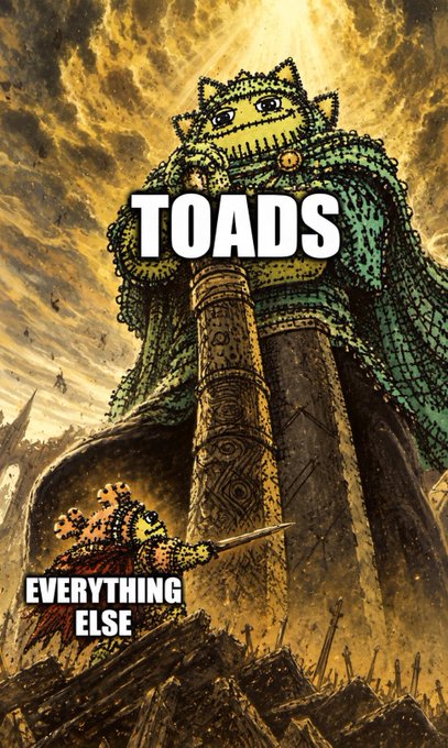A meme-style illustration depicting a giant toad figure wearing a crown and green cloak towering over a battlefield, with the text 'TOADS' across the chest and 'EVERYTHING ELSE' labeled on a small fallen warrior at the bottom.