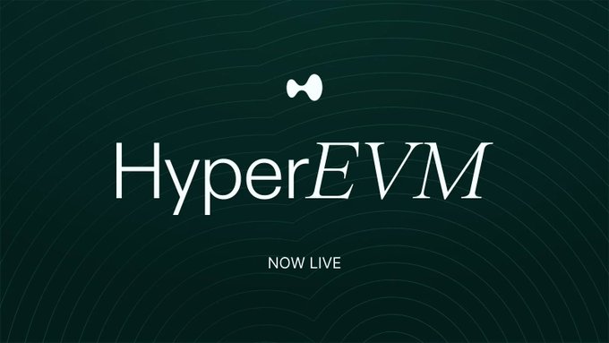 Logo banner on dark green background with wavy line patterns reading 'HyperEVM' with a small bow tie icon above and 'NOW LIVE' text below.