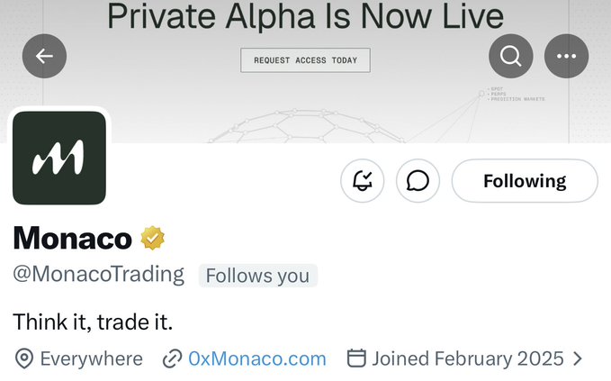A Twitter/X profile page for 'Monaco' (@MonacoTrading) with a verified checkmark, displaying 'Think it, trade it.' as the bio, a 'Following' button, and a banner that reads 'Private Alpha Is Now Live' with 'Request Access Today'.