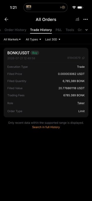 A mobile trading app screenshot showing a 'BONK/USDT' trade history with an execution price of 0.000003062 USDT and filled quantity of 6,785,389 BONK.