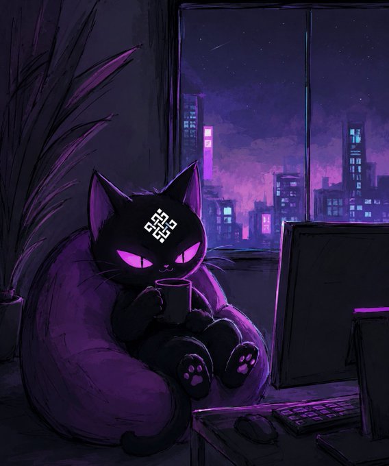 A dark, atmospheric illustration of a black cat with glowing pink eyes and a glowing geometric symbol on its forehead, sitting in a bean bag chair holding a mug in front of a computer setup, with a purple and pink city skyline visible through the window.