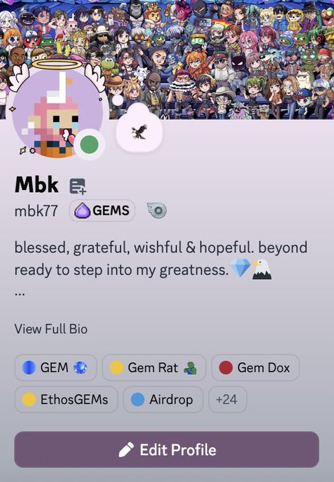 A screenshot of a GAMEE profile for user "Mbk" (mbk77) with a rainbow haloed pixelated character avatar and a bio reading "blessed, grateful, wishful & hopeful. beyond ready to step into my greatness." alongside 24+ crypto/NFT group memberships including GEM, Gem Rat, Gem Dox, EthosGEMs, and Airdrop. The image relates to the post by showing the GAMEE profile of user "mbk77," who is playfully displaying their in-app avatar to suggest how well they've been "fed" through the AlphaGEMs platform.