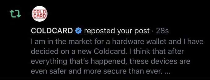 A Twitter/X notification showing that COLDCARD (verified) reposted a post about being in the market for a new Coldcard hardware wallet.