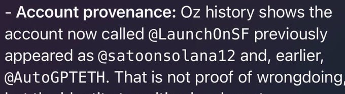 The image displays a partial text excerpt stating that Oz's history shows an account previously known as @AutoGPTETH and @satoonsolana12 before becoming @Launch0nSF, noting this is not proof of wrongdoing. The caption relates to the accompanying post, which criticizes a launchpad founder with a pattern of abandoning projects, using this account provenance information as evidence supporting the claim about the founder's history of project abandonment.