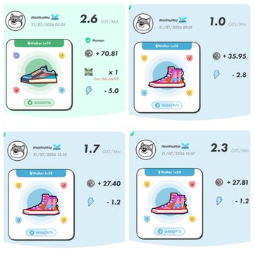 Mobile app screenshots showing running statistics with four cards displaying distances of 2.6 km, 1.0 km, 1.7 km, and 2.3 km, dated 31/07/2024, with pace and calorie data.