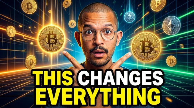 A YouTube-style thumbnail featuring a surprised man with glasses making a peace sign, surrounded by floating Bitcoin and Ethereum coins against a futuristic blue grid background, with bold yellow text reading 'THIS CHANGES EVERYTHING'.