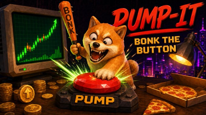 A vibrant cartoon illustration titled 'DUMP-IT BONK THE BUTTON' features an aggressive Shiba Inu dog pressing a glowing red 'PUMP' button while holding a baseball bat labeled 'BONK,' set against a backdrop of rising stock charts and pizza.