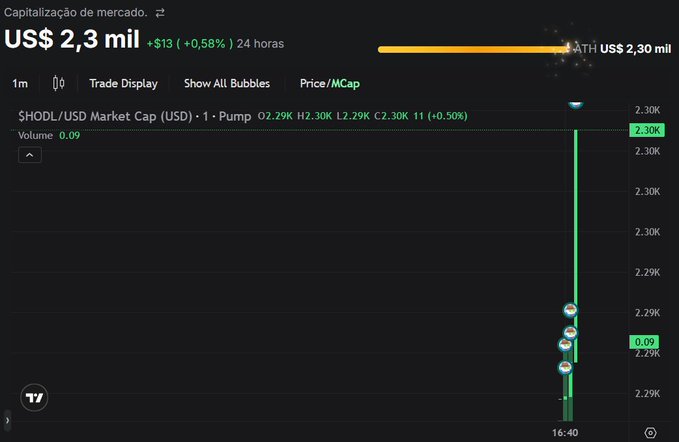 TradingView screenshot showing $HODL/USD market cap at US$2.3K with +$13 (+0.58%) over 24 hours on a 1-minute chart, displaying a sharp vertical green price spike.