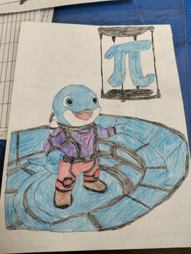 Hand-drawn colored pencil illustration on white paper showing a cartoon turtle/character in a purple jacket standing on a blue tiled circular platform, with a Pi (π) symbol displayed on a hanging sign above.