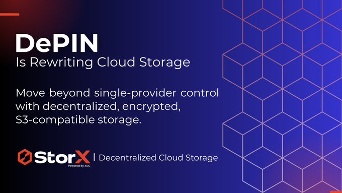 The image features an advertisement for cloud storage services called "DePIN". The text on the image reads "DePIN" followed by a description of how it changes the way businesses store their data. It explains that instead of relying on a single centralized provider, businesses can now create and manage their own distributed networks to store and control their data independently. This shift in infrastructure allows for more flexibility and cost-effectiveness compared to traditional centralized storage solutions. The image also includes a logo for StorX Network, which is the company behind this new approach to cloud storage.