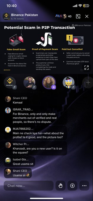 A screenshot of a Binance Pakistan live audio room titled 'Potential Scam in P2P Transaction,' discussing 'Fake Email Scam,' 'Proof of Payment Scam,' and 'Paid but Cancelled,' with the host 'Shani CEO' and 6.7K listeners.