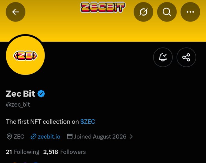 A Twitter/X profile page for 'Zec Bit' (@zec_bit), described as 'The first NFT collection on $ZEC', with 2,518 followers and a link to zecbit.io.