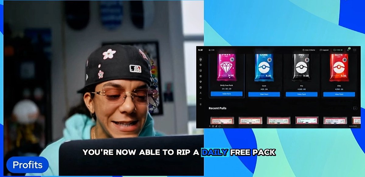 A content creator wearing a floral MLB cap and teal hoodie shows a digital trading card platform interface with "FREE, CORE, PRO, ELITE" packs, with text reading "YOU'RE NOW ABLE TO RIP A DAILY FREE PACK" and "Profits" label.