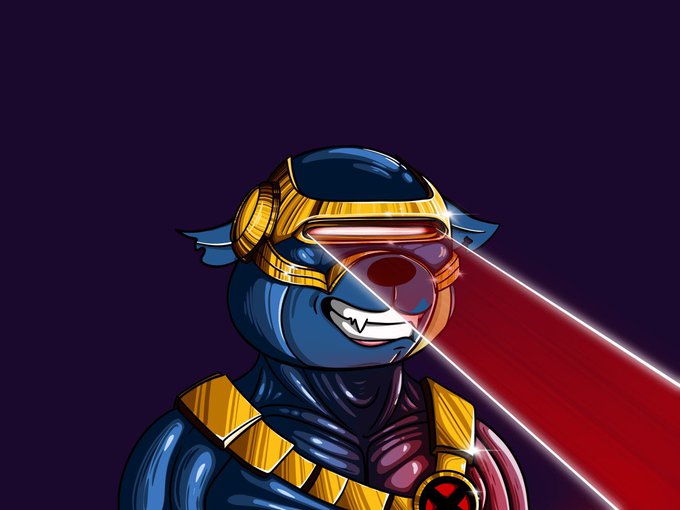 Illustration of a blue armored character wearing a gold-trimmed helmet with blue wing-like accents, shooting bright red laser beams from their visor against a dark purple background.