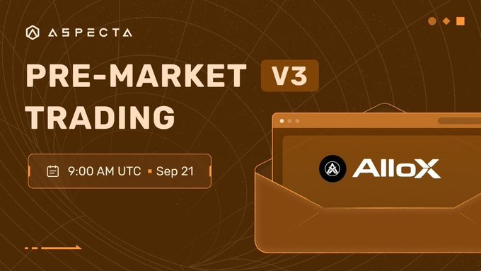 A promotional graphic with a brown gradient background announces "PRE-MARKET TRADING V3" alongside the Aspecta logo, featuring a scheduled start time of "9:00 AM UTC • Sep 21" and the AlloX branding displayed within a stylized browser window graphic, directly corresponding to the announcement of the upcoming Allox TGE pre-market trading event.