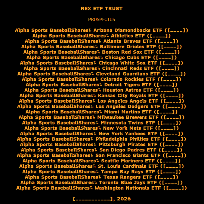 The image shows a prospectus cover page from REX ETF Trust, listing 30 individual Alpha Sports BaseballShares ETFs, each representing a different Major League Baseball team—from the Arizona Diamondbacks to the Washington Nationals—with placeholder ticker symbols. The post "Another MLB filing just hit.. this one from RexShares" directly references this filing, indicating that RexShares (likely REX ETF Trust) has submitted a regulatory document to launch a full suite of team-specific baseball-themed ETFs covering every MLB franchise.