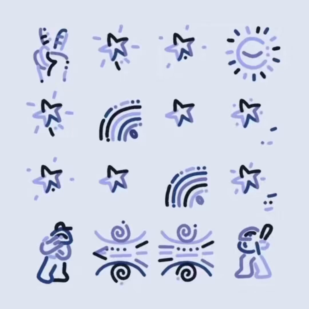 The image features a collection of various drawings, including stars, rainbows, and other symbols, all set against a light blue background. The drawings are arranged in two rows with four elements each. The first row includes a drawing of a person holding an umbrella, another drawing of a person holding a baseball bat, and a third drawing of a person wearing a hat. The second row features a drawing of a person holding a bow and arrow, a drawing of a person holding a sword, and a drawing of a person with a shield.