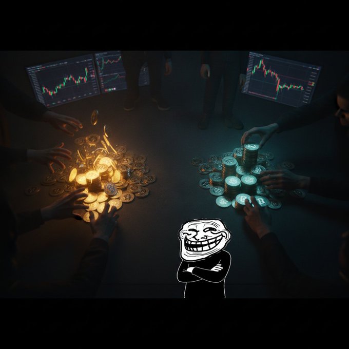 An image showing two piles of cryptocurrency coins on a table surrounded by hands and trading screens, with a trollface meme character in the foreground observing.