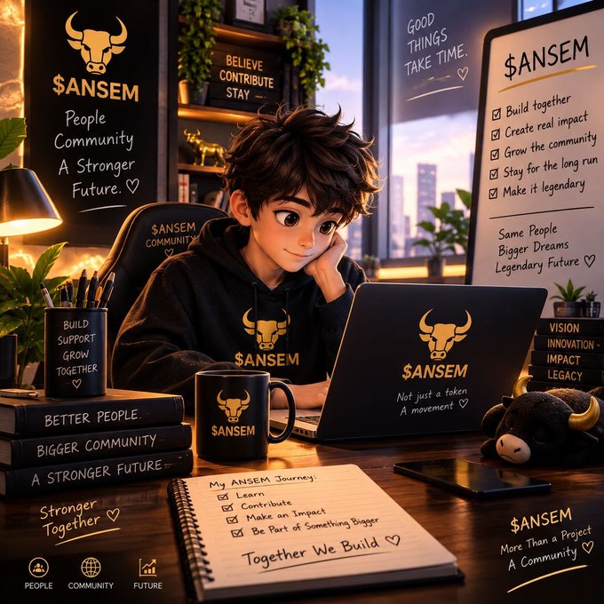 An anime-style illustration of a young person at a desk wearing '$ANSEM' branded merchandise, surrounded by motivational text including 'People Community A Stronger Future', 'Build together', and 'Together We Build'.