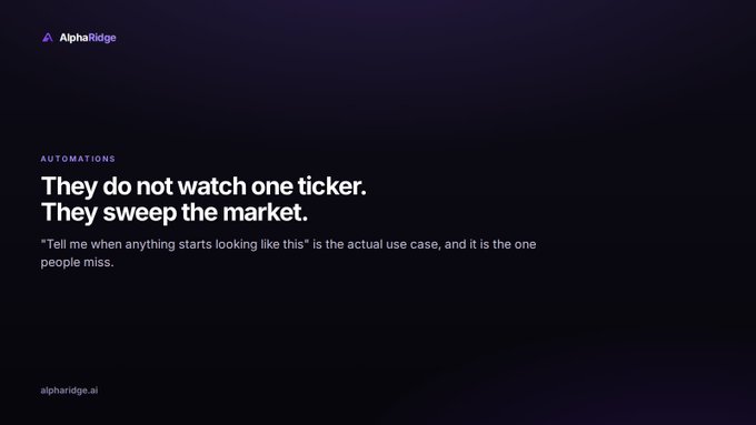 A dark-themed promotional graphic for AlphaRidge with the heading "AUTOMATIONS" and text stating "They do not watch one ticker. They sweep the market." along with a quote about algorithmic trading.