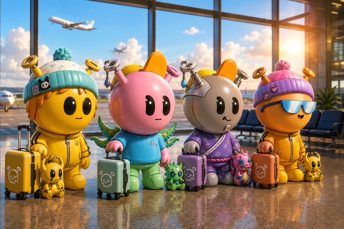 Four colorful cartoon-style toy figures with suitcases and small pet companions standing in an airport terminal with airplanes visible through the windows.