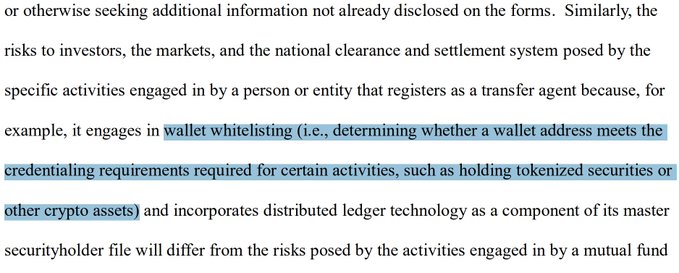 The image shows an excerpt from an SEC document discussing transfer-agent regulations, with highlighted text reading: "wallet whitelisting (i.e., determining whether a wallet address meets the credentialing requirements required for certain activities, such as holding tokenized securities or other crypto assets)." This passage supports the accompanying post by illustrating how the SEC's proposed rule changes explicitly address wallet whitelisting in the context of tokenized securities, contradicting claims that no broker-dealer or exchange rules are being applied to crypto.