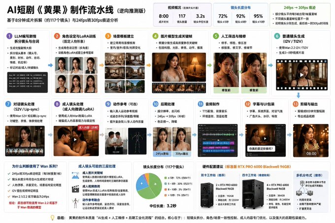 This infographic outlines the AI-driven production pipeline for a short drama titled "Huang Guo," showcasing a process that combines AI generation with human refinement and industrial-scale post-production. The title "AI Short Drama 'Huang Guo' Production Pipeline (Reverse Inference Edition)" and key terms like "LLM scriptwriting," "character setting," "scene template creation," and "editing and output" highlight the use of AI in various stages of content creation.