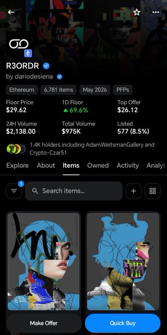 A mobile app screenshot showing an OpenSea page for the R3ORDR collection by dariodesiena, an Ethereum collection with 6,781 items from May 2026. Stats show a Floor Price of $29.62, 24H Volume of $2,138.00, Total Volume of $975K, and 577 (8.5%) Listed, featuring artistic portrait items.