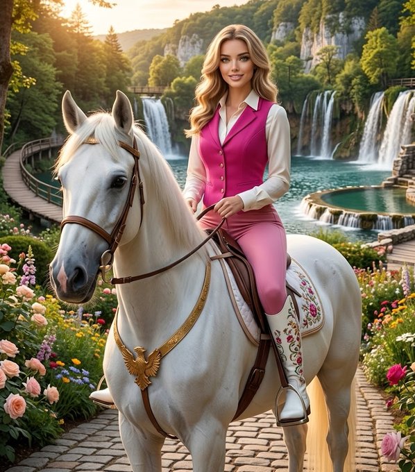 The image features a woman riding a white horse down a path surrounded by flowers. The scene takes place near water, possibly a waterfall or a river, adding to the picturesque setting. The woman appears to be wearing a pink vest and has her hair styled in loose waves. In the background, there is a bridge that spans across the water, enhancing the beauty of the landscape.