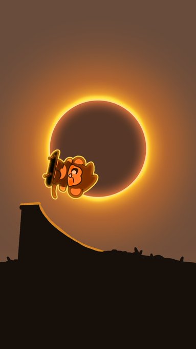 A digital illustration featuring a glowing solar eclipse in orange and yellow hues, with a small cartoon monkey holding a skateboard silhouetted in front of the darkened sun above a dark landscape.